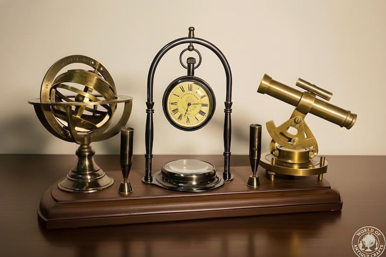 Brass Clock, Armillary Sphere and Alidade Desk Set view 7