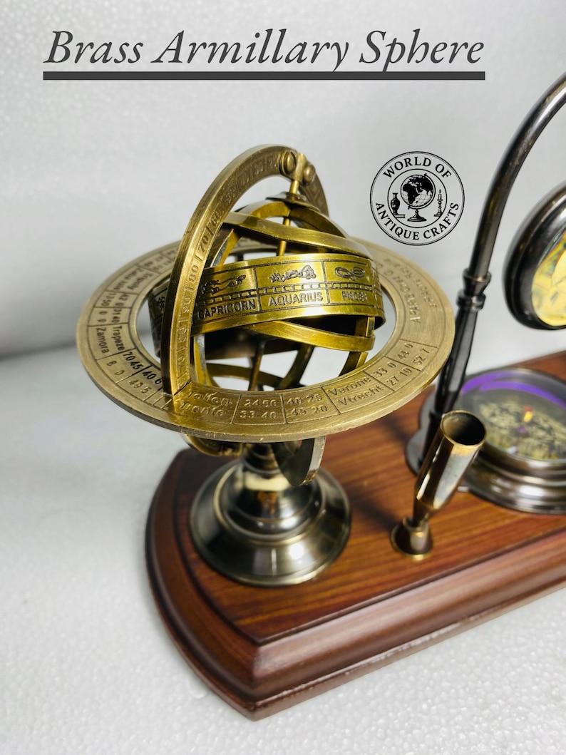 Brass Clock, Armillary Sphere and Alidade Desk Set view 12