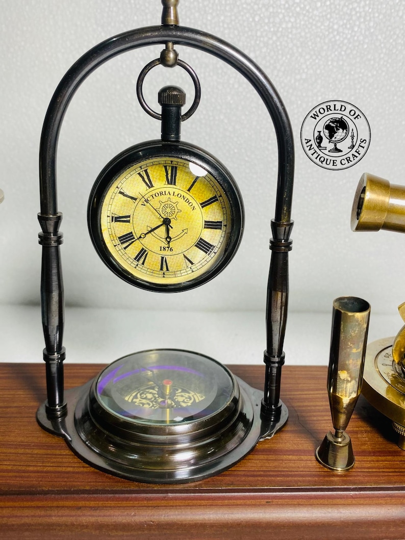 Brass Clock, Armillary Sphere and Alidade Desk Set view 18