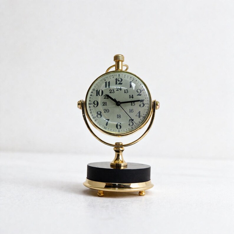 Vintage Brass Desk Clock with Compass Dial Back view 2