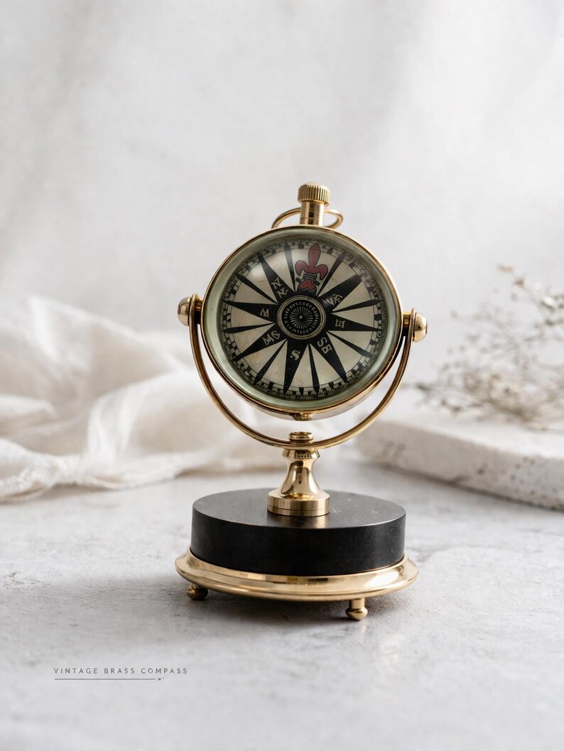 Vintage Brass Desk Clock with Compass Dial Back view 3
