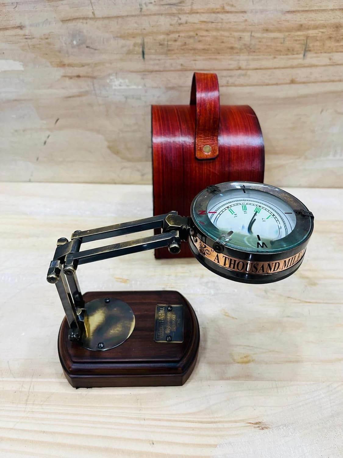Foldable Brass Desk Clock with Red Leather Case view 8