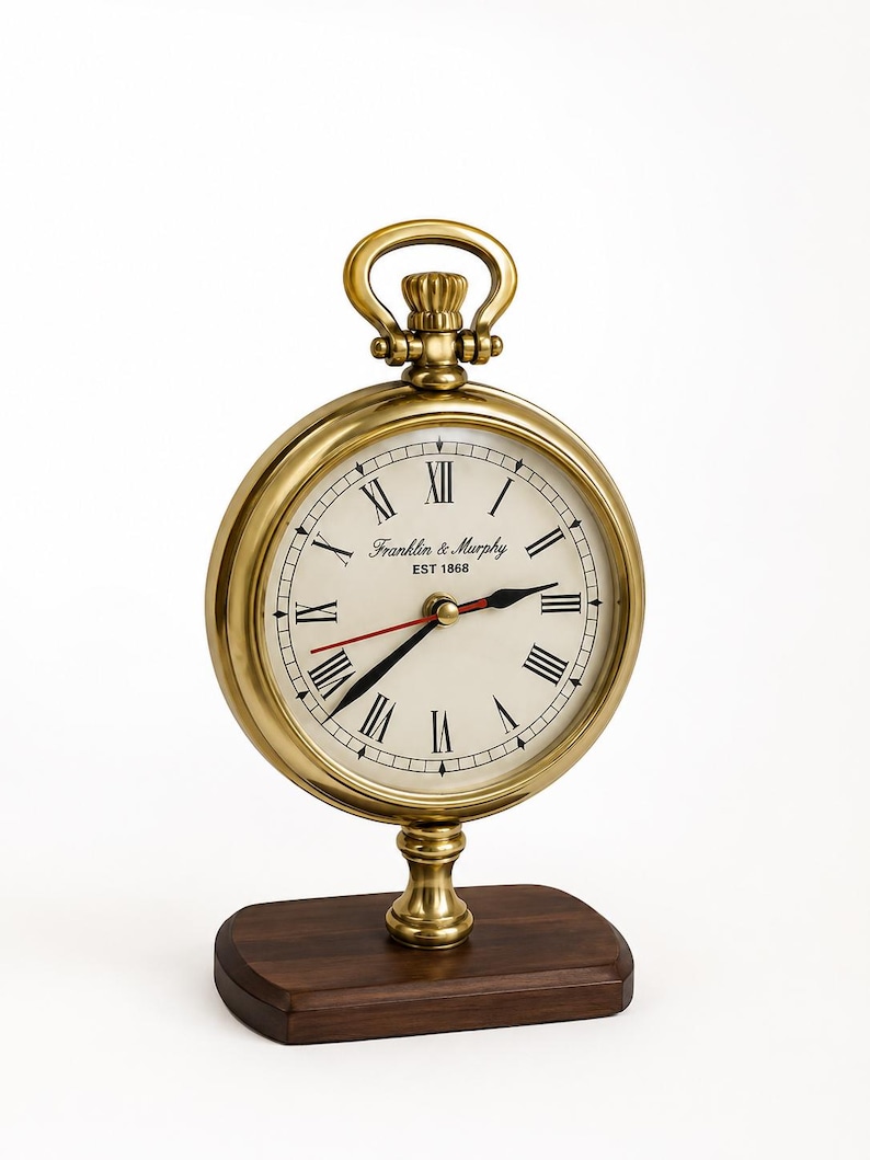 Tall Brass Desk Clock on Wooden Stand view 6