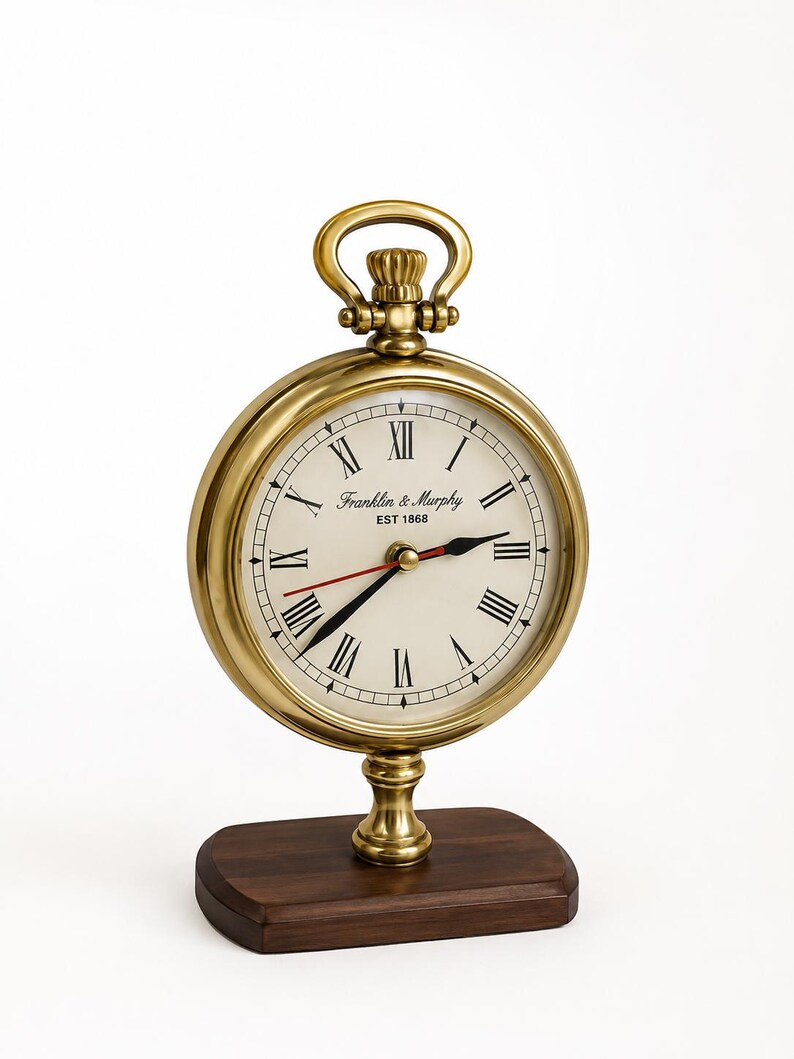 Tall Brass Desk Clock on Wooden Stand view 7