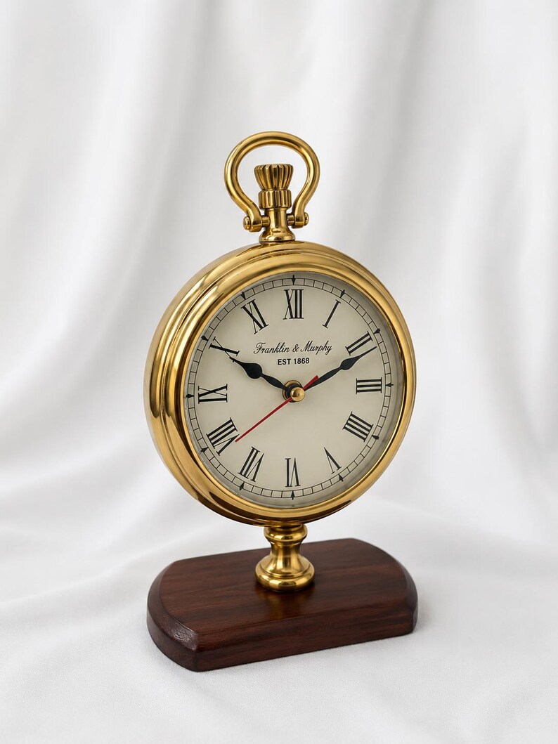 Tall Brass Desk Clock on Wooden Stand view 14