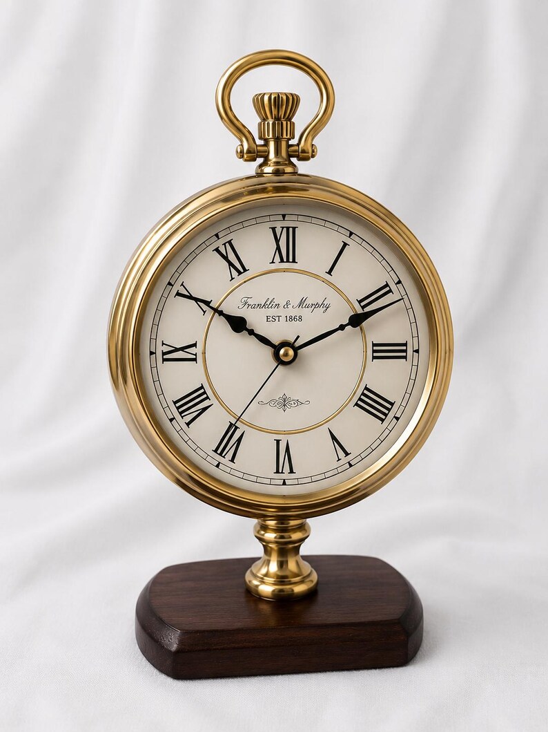 Tall Brass Desk Clock on Wooden Stand view 17