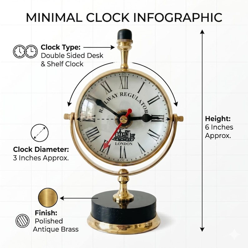 Polished Brass Dual-Sided Desk Clock, Roman Numerals view 4