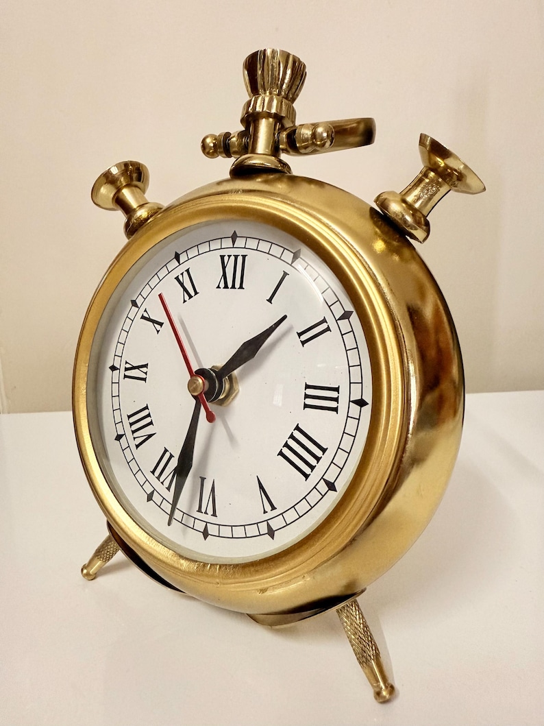 Vintage Brass Table Clock, Roman Numerals view 3