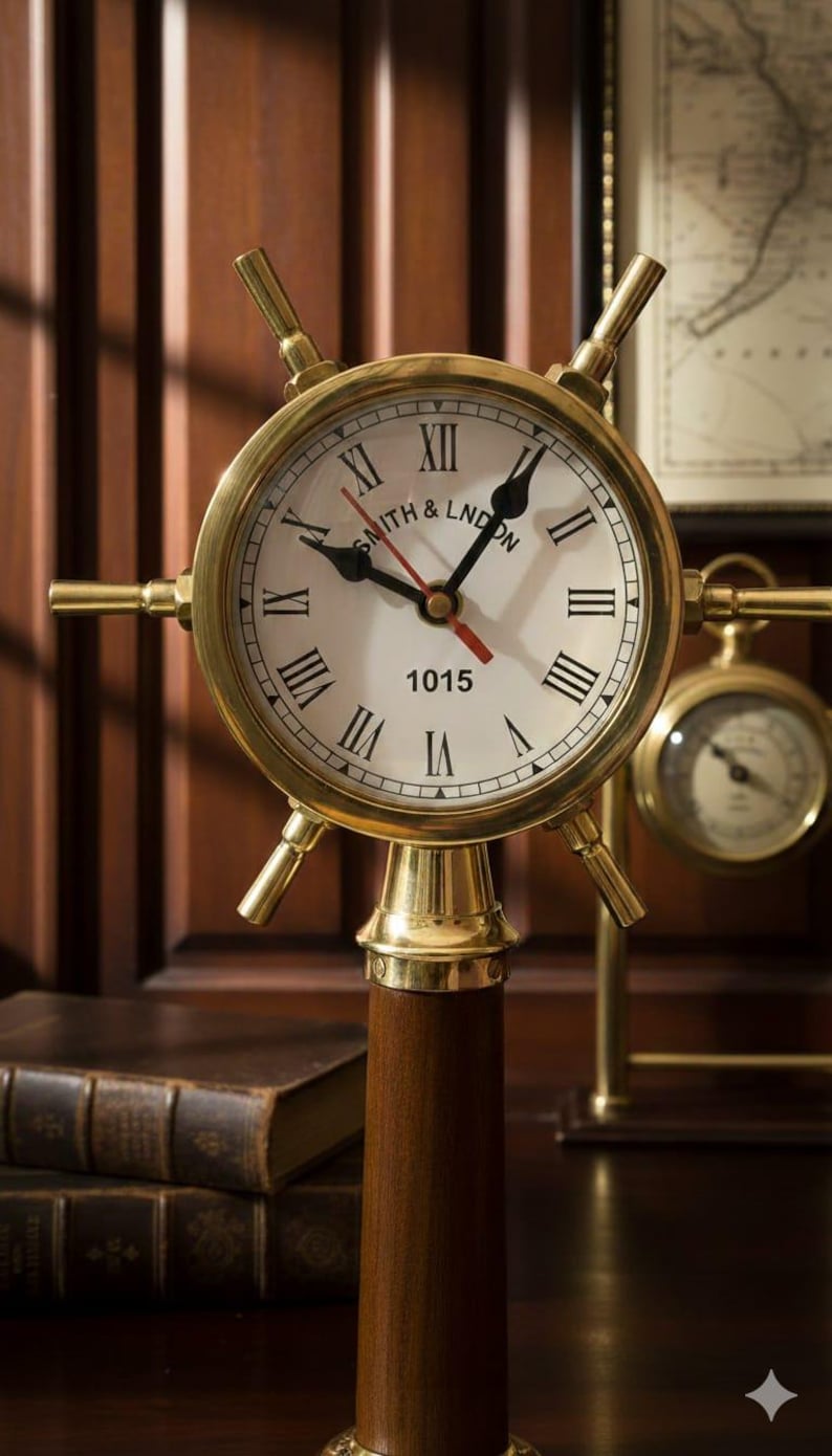 Ship Wheel Inspired Brass Desk Clock view 3