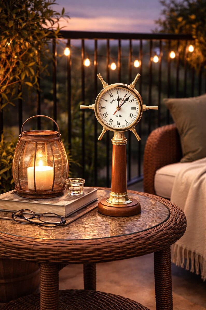 Ship Wheel Inspired Brass Desk Clock view 4