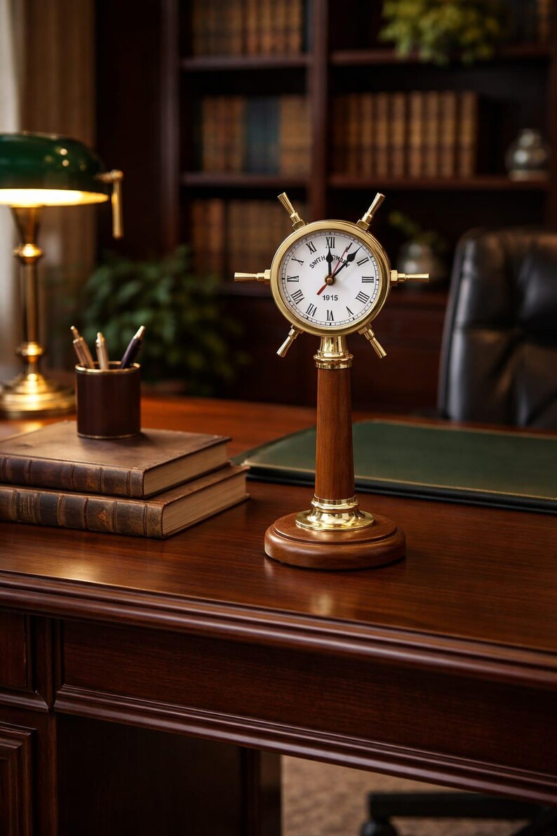 Ship Wheel Inspired Brass Desk Clock view 6