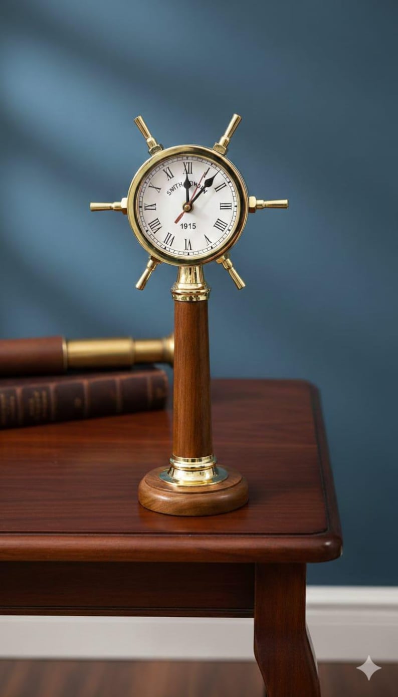 Ship Wheel Inspired Brass Desk Clock view 13