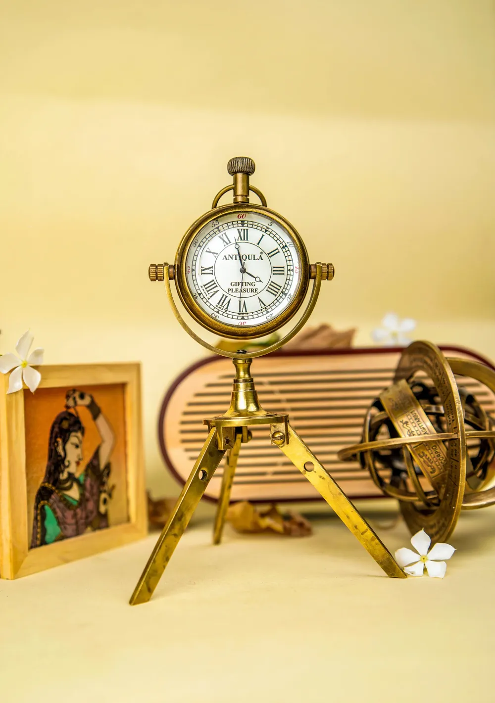 Brass Tripod Desk Clock, Foldable Stand view 5