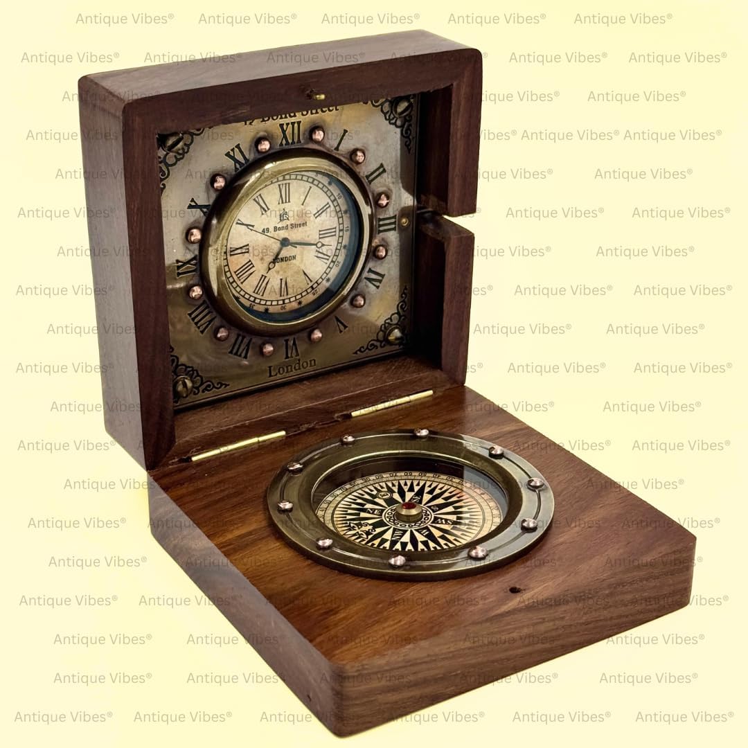 Foldable Rosewood Box Clock with Working Compass view 5