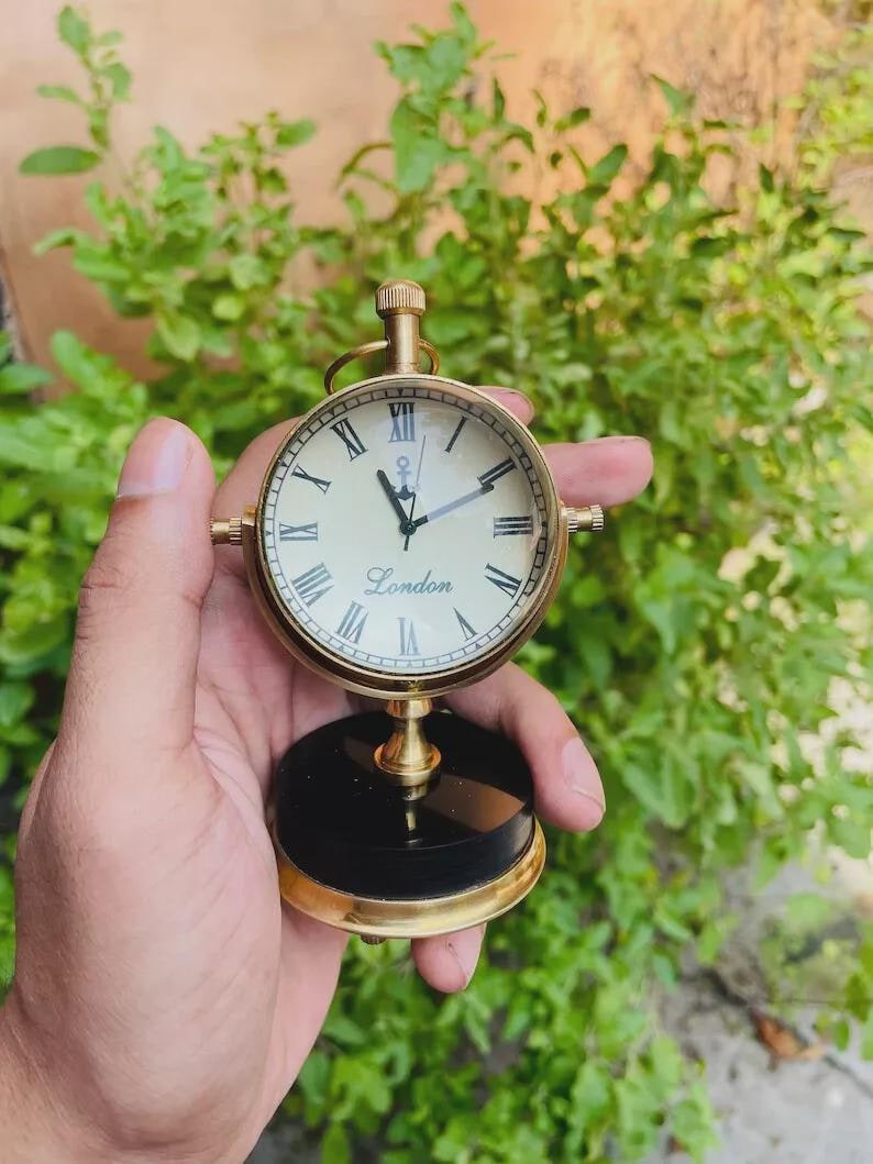 Vintage Brass Desk Clock with Compass Dial Back view 3