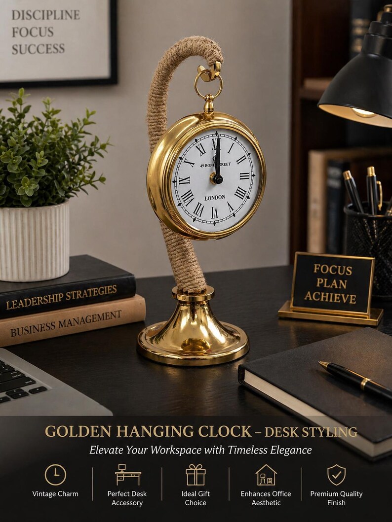 Brass Desk Clock with Rope Handle Stand view 6