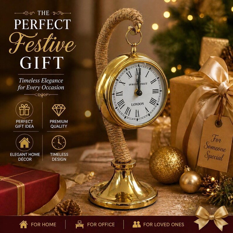 Brass Desk Clock with Rope Handle Stand view 13