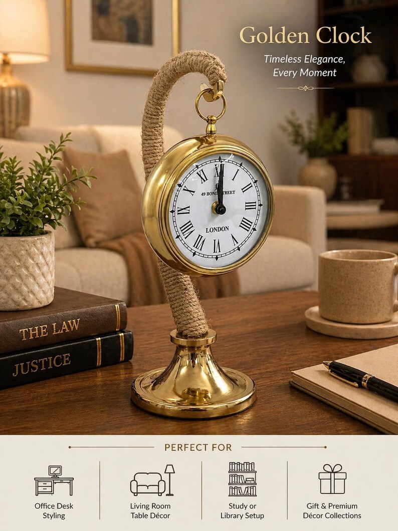 Brass Desk Clock with Rope Handle Stand view 16