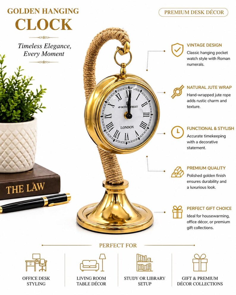 Brass Desk Clock with Rope Handle Stand view 20
