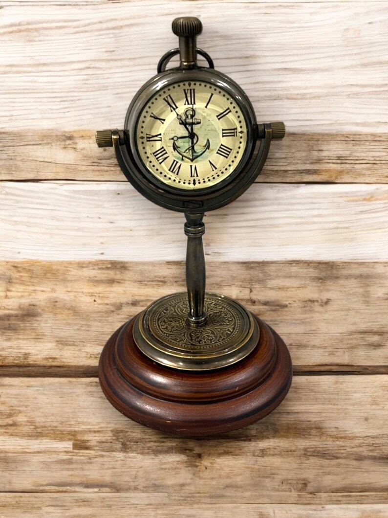 Brass Desk Clock with Anchor Dial and Wooden Base view 2