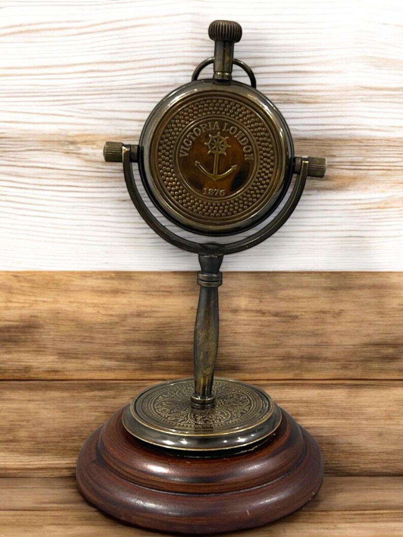 Brass Desk Clock with Anchor Dial and Wooden Base view 4