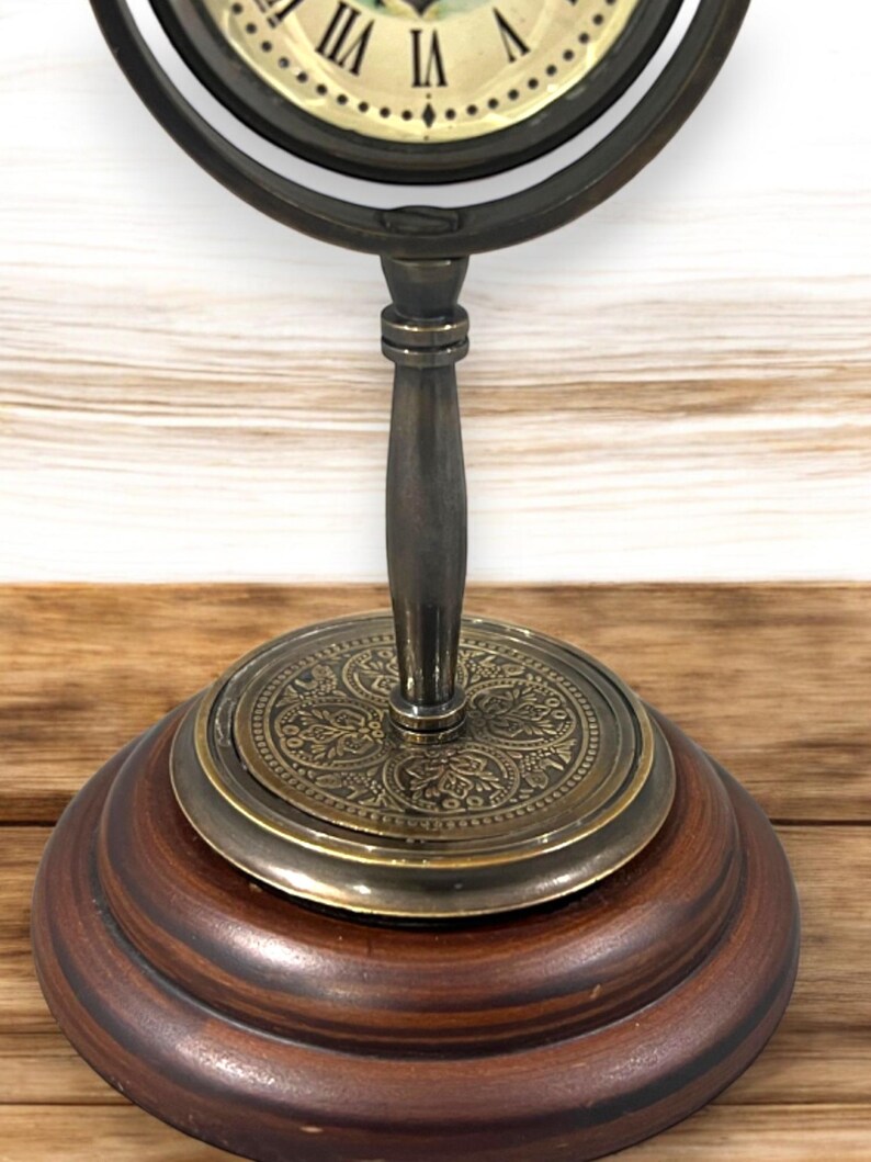 Brass Desk Clock with Anchor Dial and Wooden Base view 6