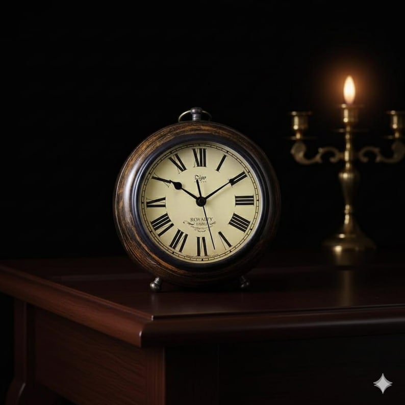 Vintage Wooden Desk Clock with Roman Numerals view 2