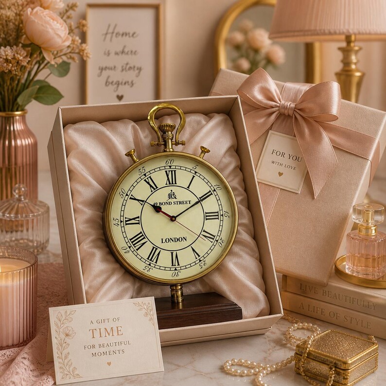 Tall Brass Desk Clock, Bond Street London Dial view 9