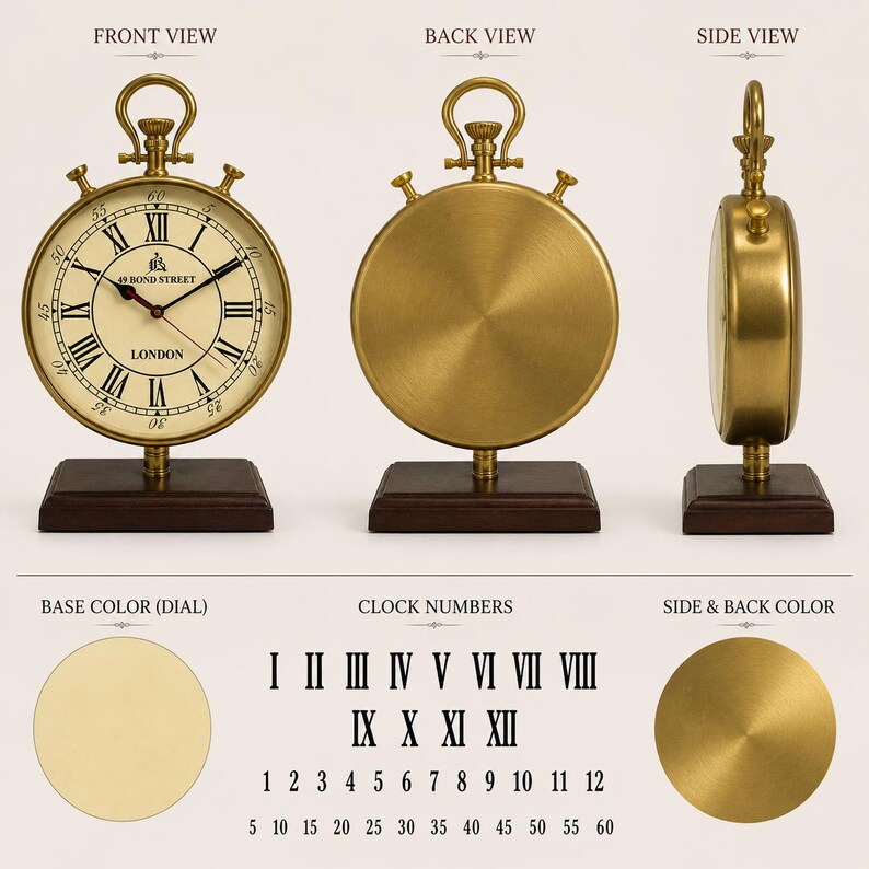 Tall Brass Desk Clock, Bond Street London Dial view 10