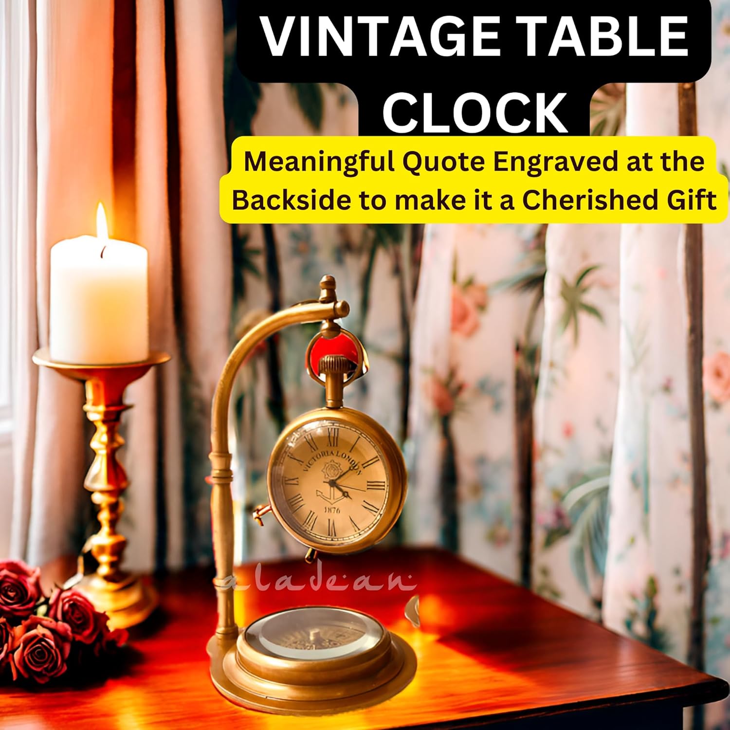 Brass Desk Clock with Working Compass, Victoria London Dial (Alternate Design) view 5