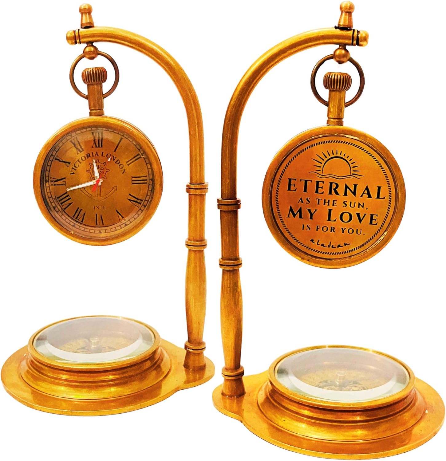 Brass Desk Clock with Working Compass, Victoria London Dial (Alternate Design) view 11