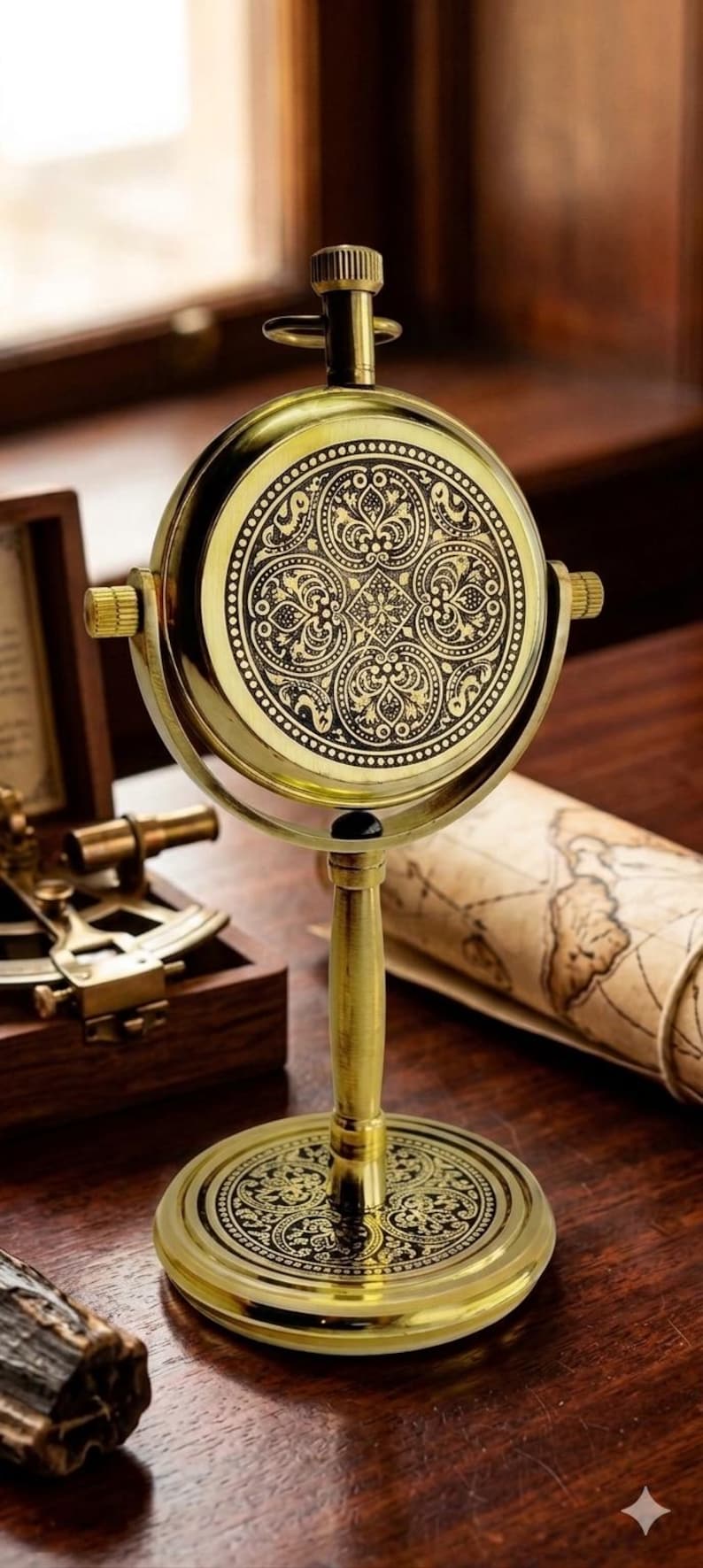 Brass Desk Clock with Embossed Floral Back view 2