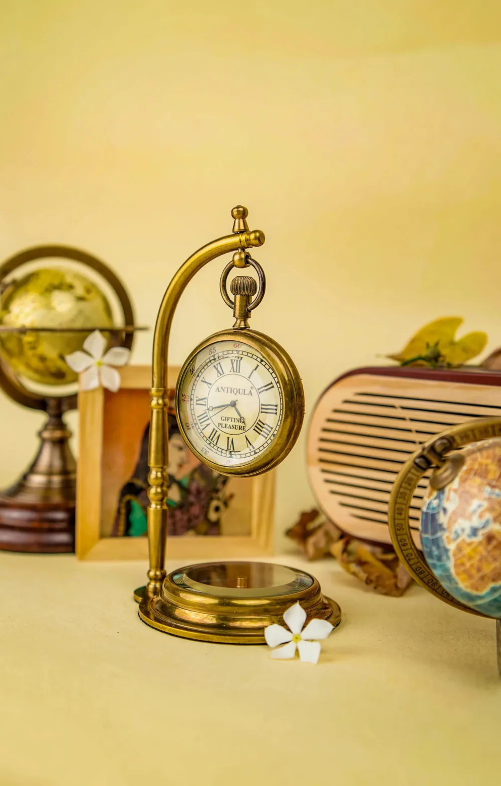 Hanging Brass Desk Clock with Working Compass view 5