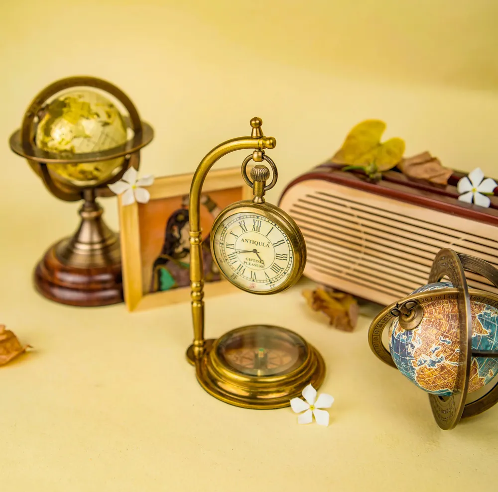 Hanging Brass Desk Clock with Working Compass view 6