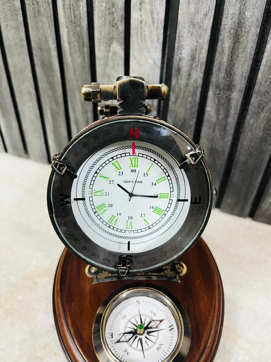 Foldable Brass Desk Clock with Red Leather Case and Working Compass view 4