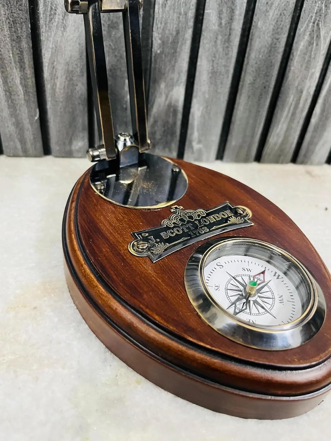 Foldable Brass Desk Clock with Red Leather Case and Working Compass view 6