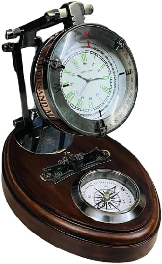 Foldable Brass Desk Clock with Red Leather Case and Working Compass view 10
