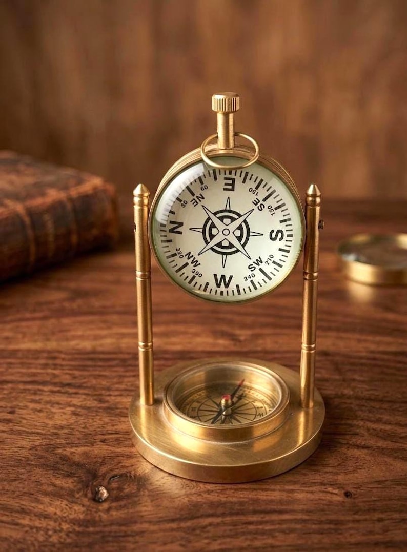 Brass Desk Clock with Working Compass, Victoria London Dial view 2