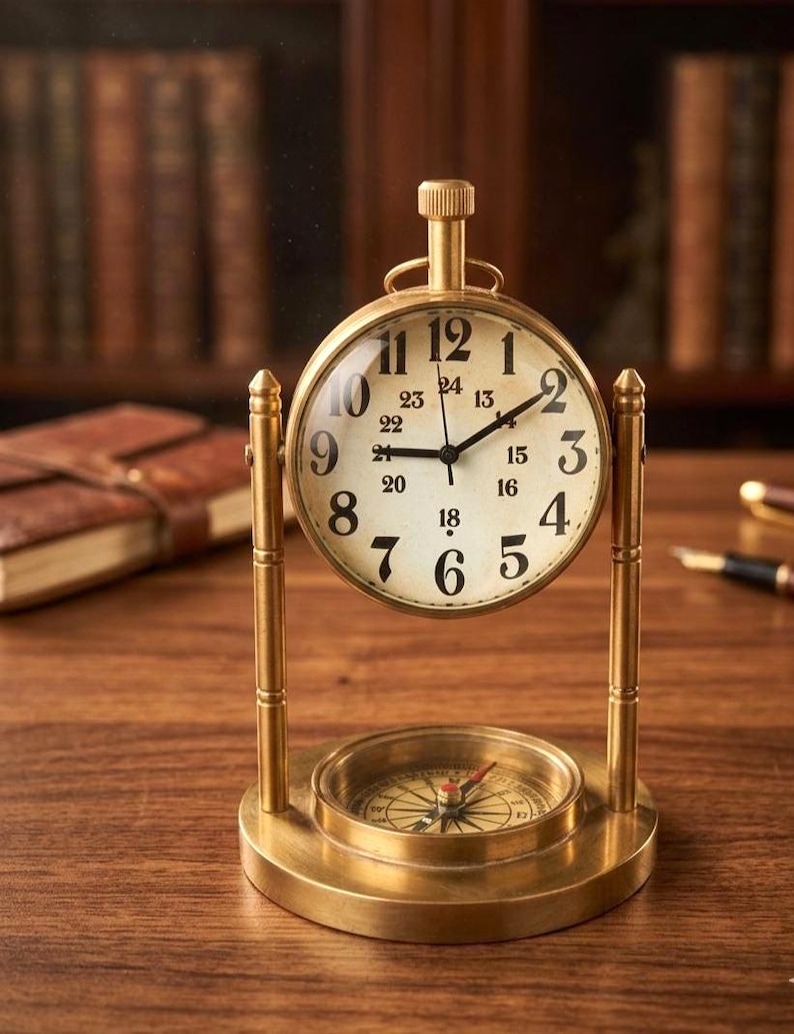 Brass Desk Clock with Working Compass, Victoria London Dial view 5