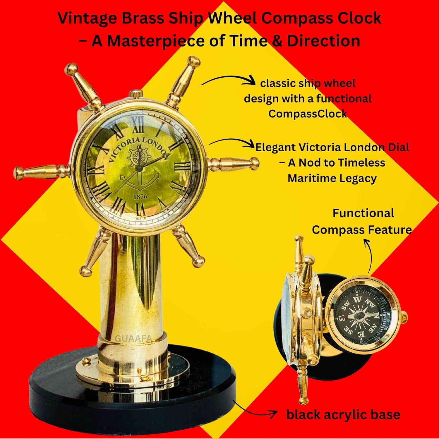 Ship Wheel Brass Desk Clock with Compass view 4