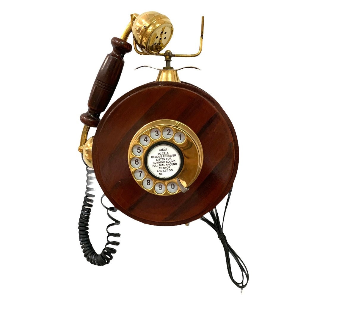 Wooden Wall-Mount Rotary Telephone — Brass Accents view 3