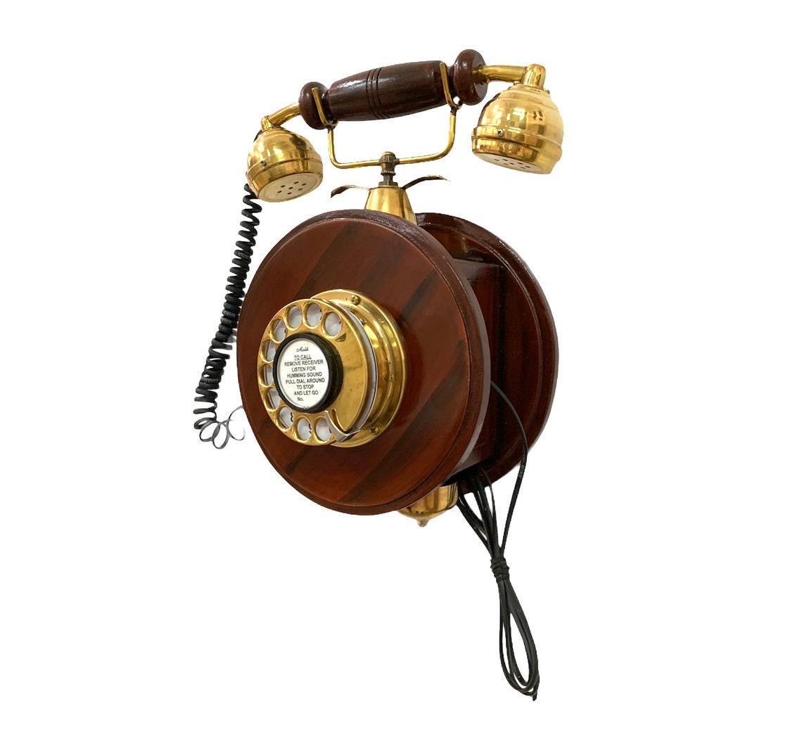 Wooden Wall-Mount Rotary Telephone — Brass Accents view 4