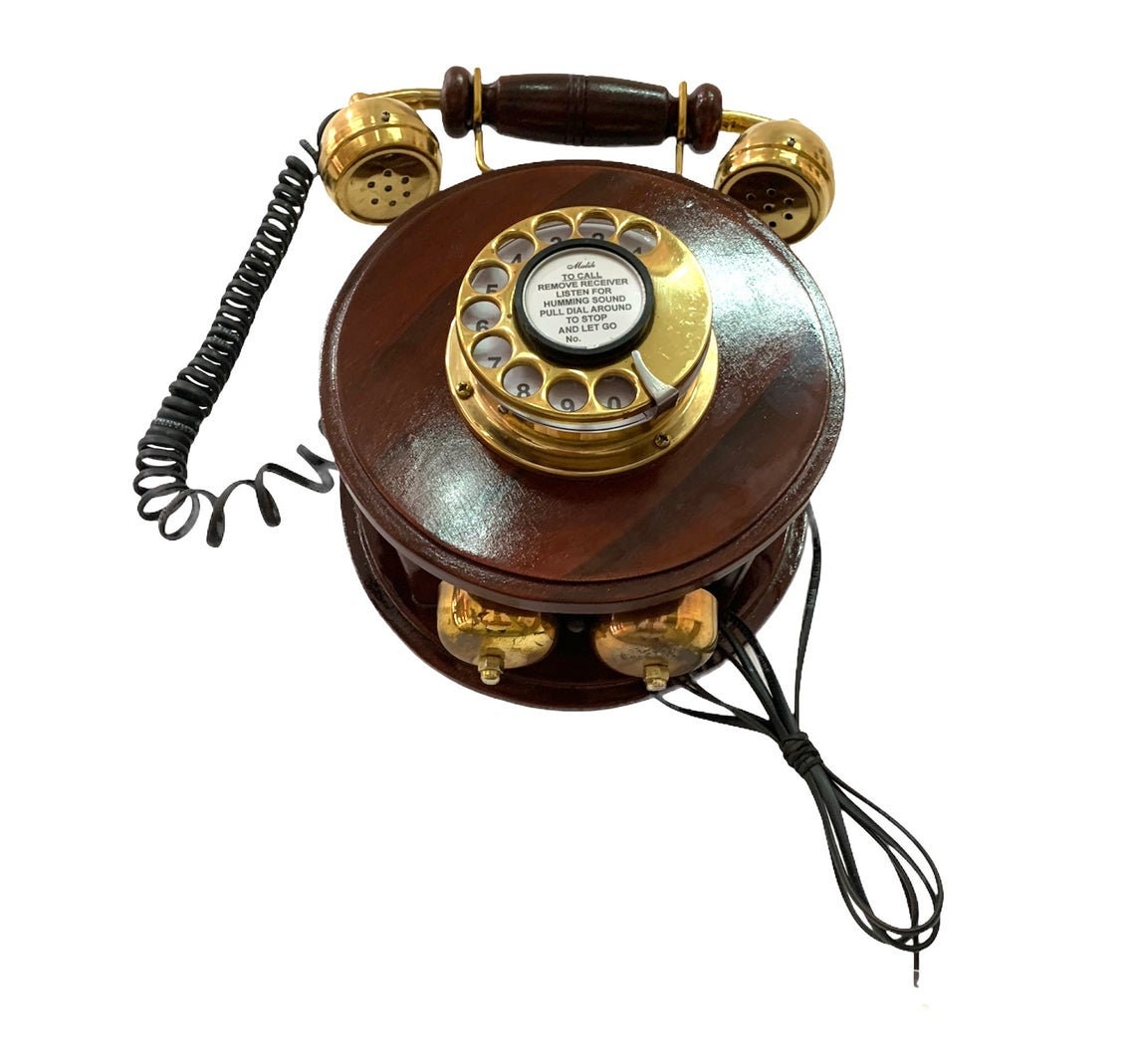 Wooden Wall-Mount Rotary Telephone — Brass Accents view 5