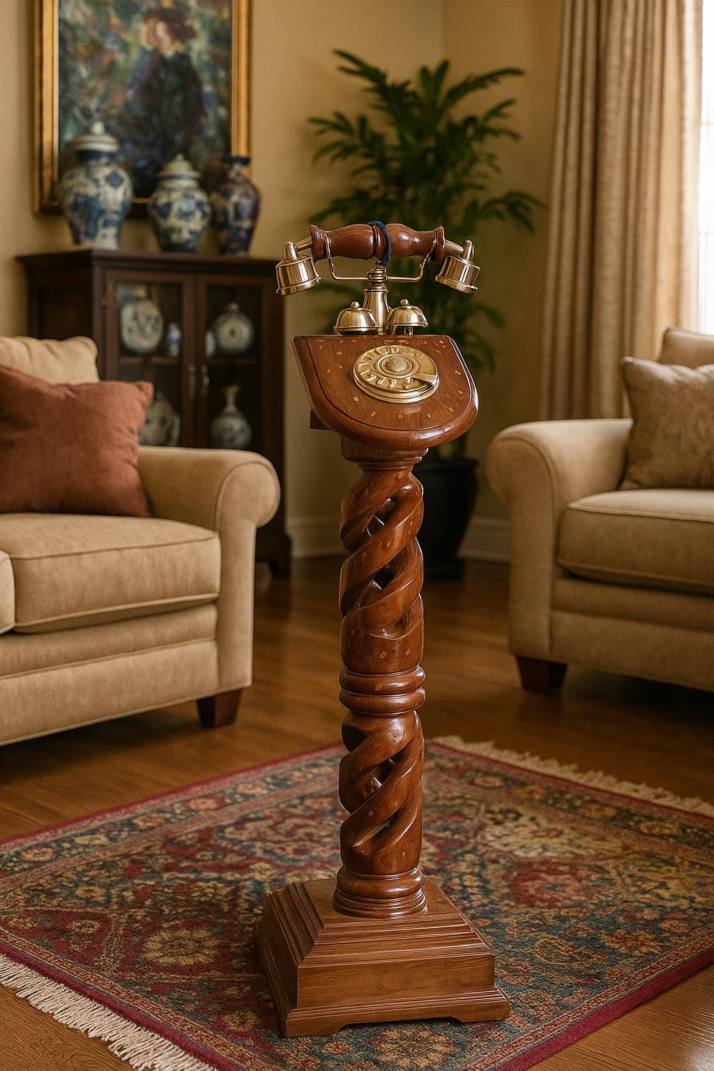 Floor-Standing Carved Teak Rotary Dial Telephone view 2