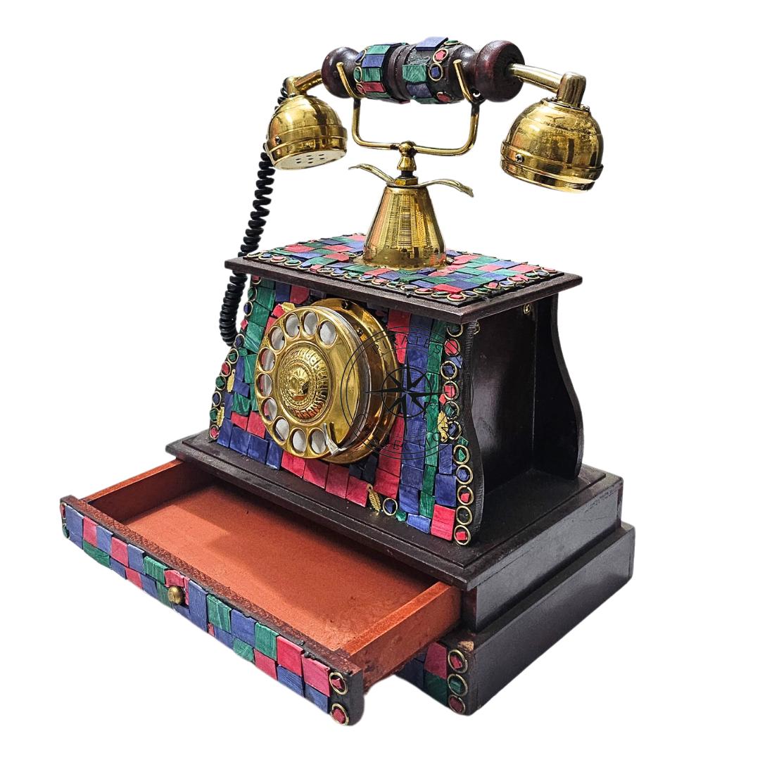 Victorian Brass Rotary Phone — Etched Wood Body view 2