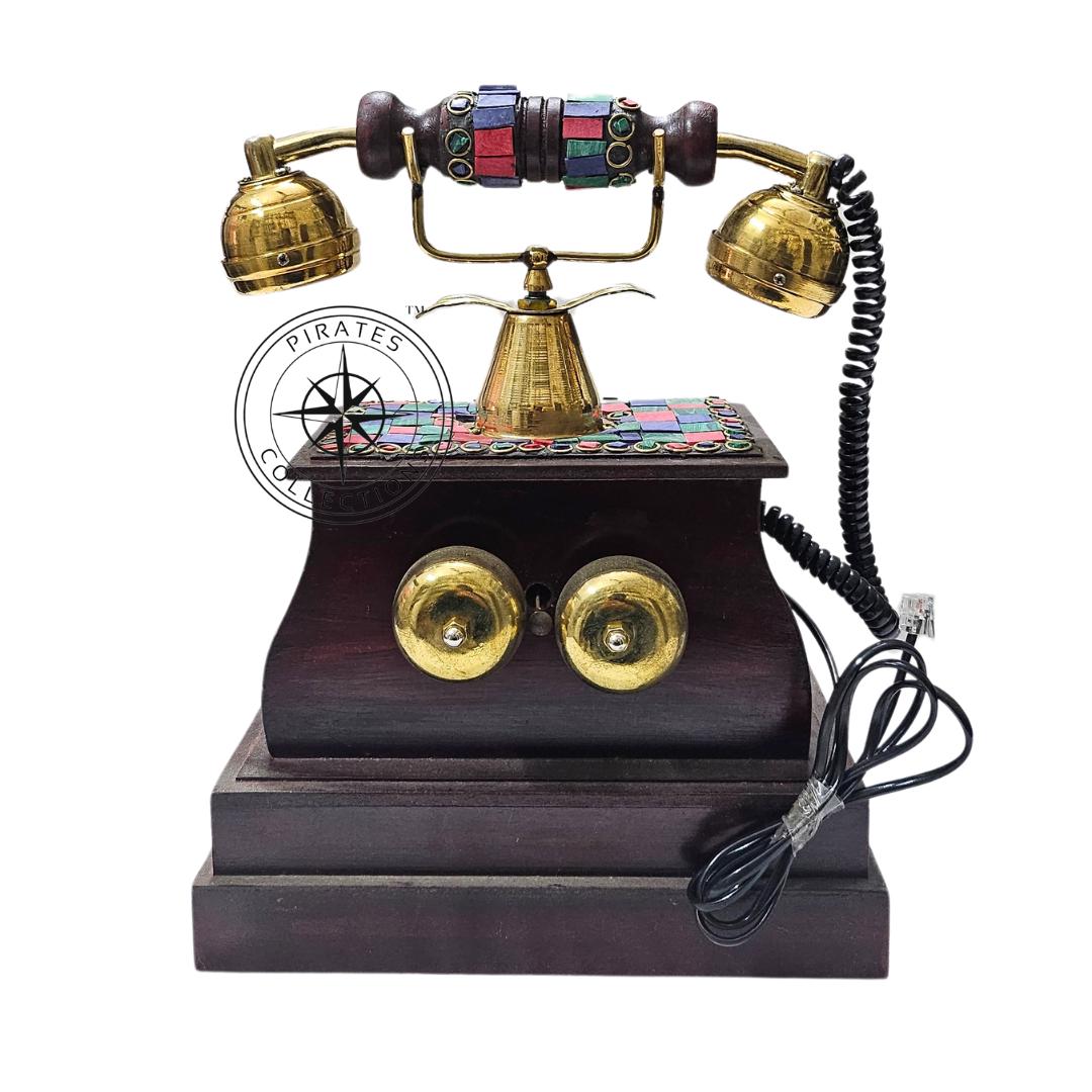 Victorian Brass Rotary Phone — Etched Wood Body view 6