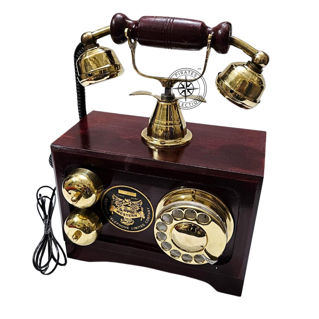 Retro Brown Wooden Landline Telephone — Brass Dial view 4