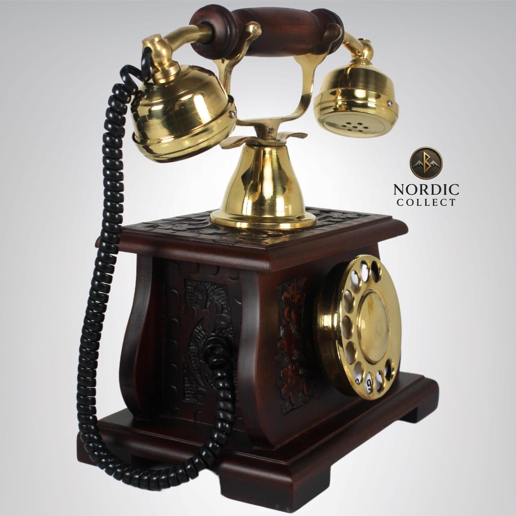 Dark Carved Wood Base Brass Rotary Dial Telephone view 4