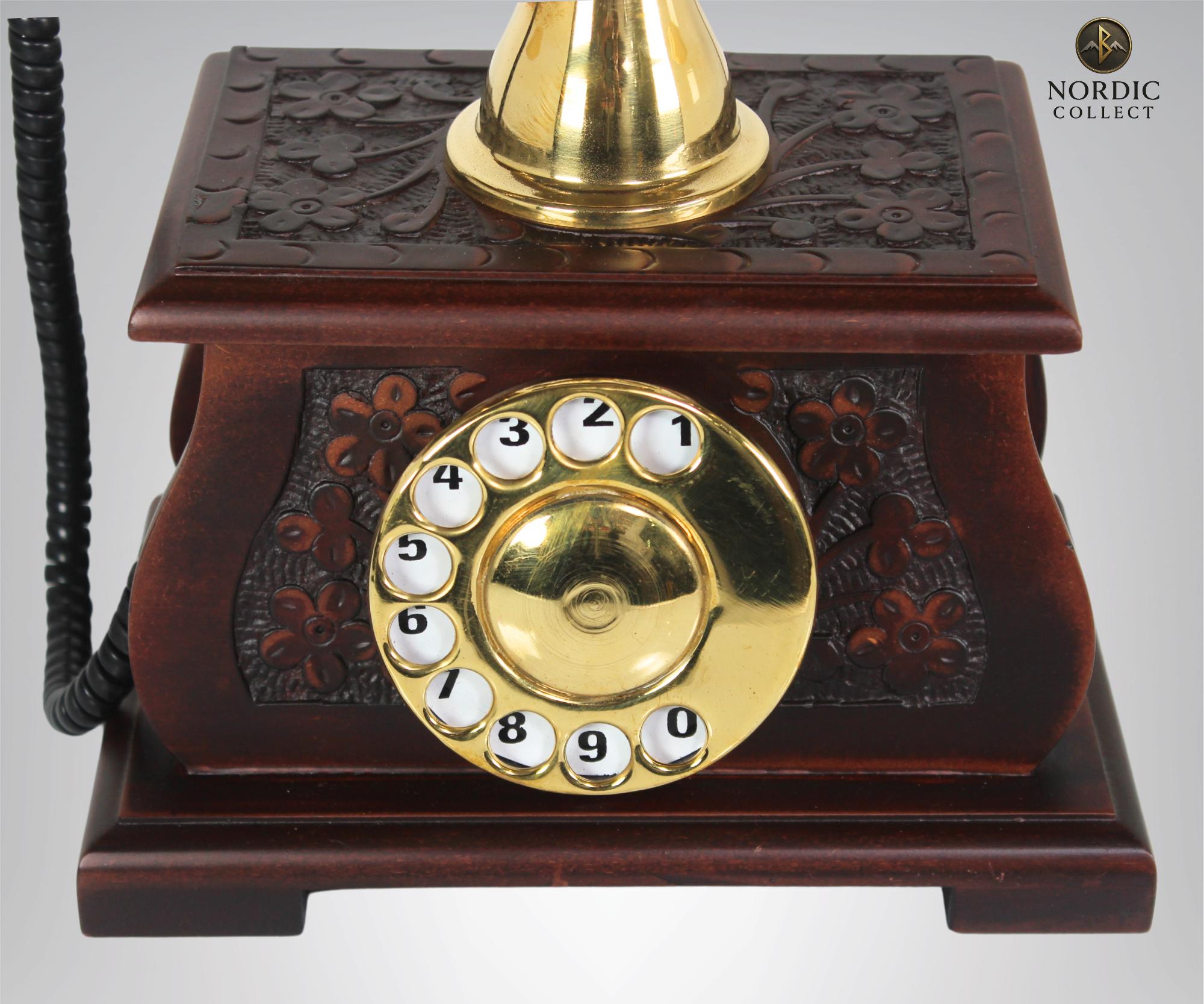 Dark Carved Wood Base Brass Rotary Dial Telephone view 5