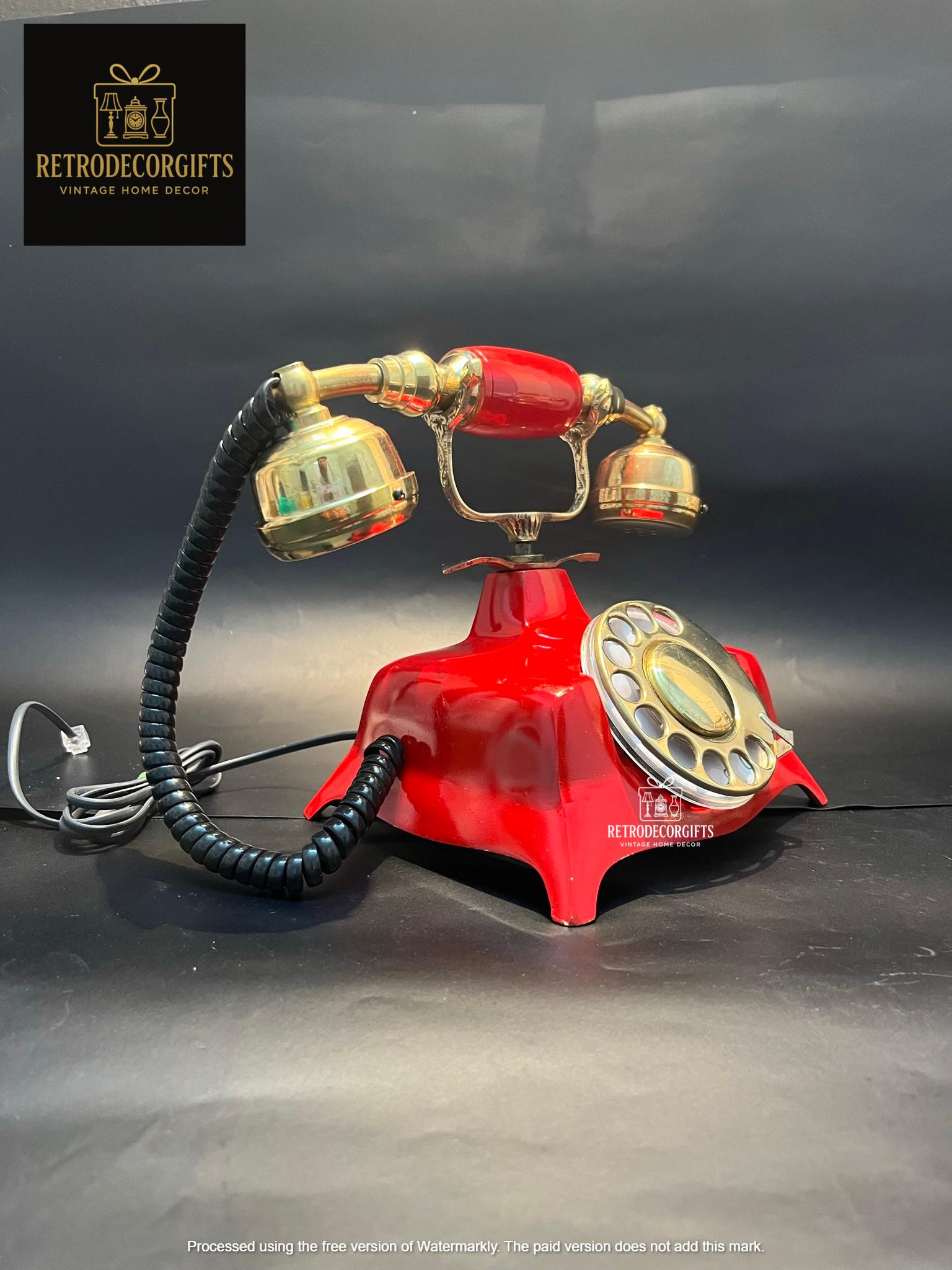 Red Rotary Dial Brass Landline Telephone — Vintage view 2